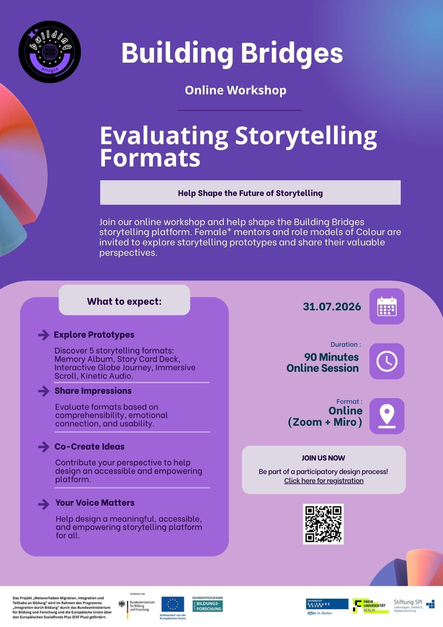 Flyer preview for Online workshop: Evaluating storytelling formats with mentors